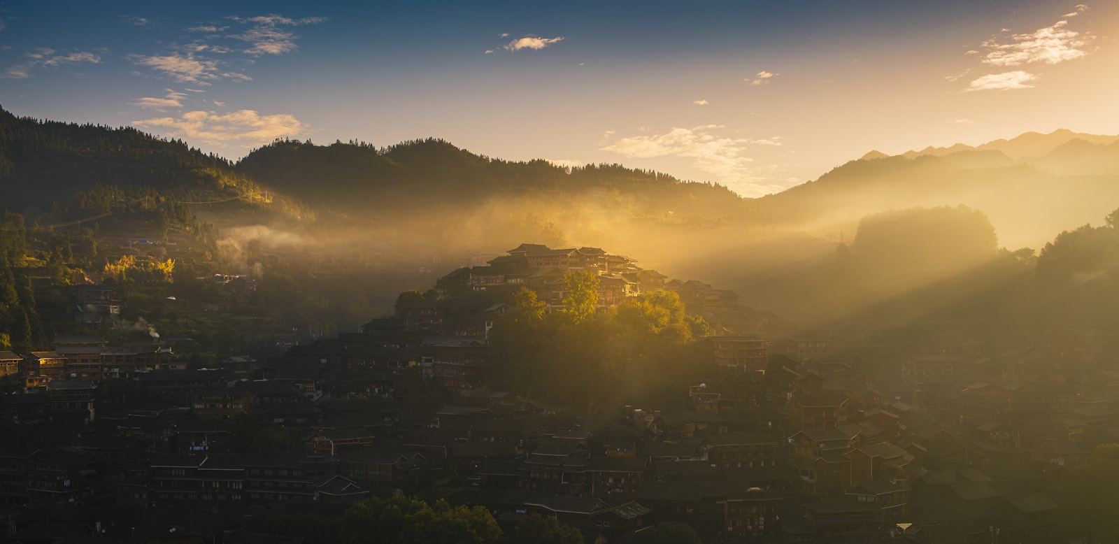 Xijiang Miao village rooftops in Guizhou.