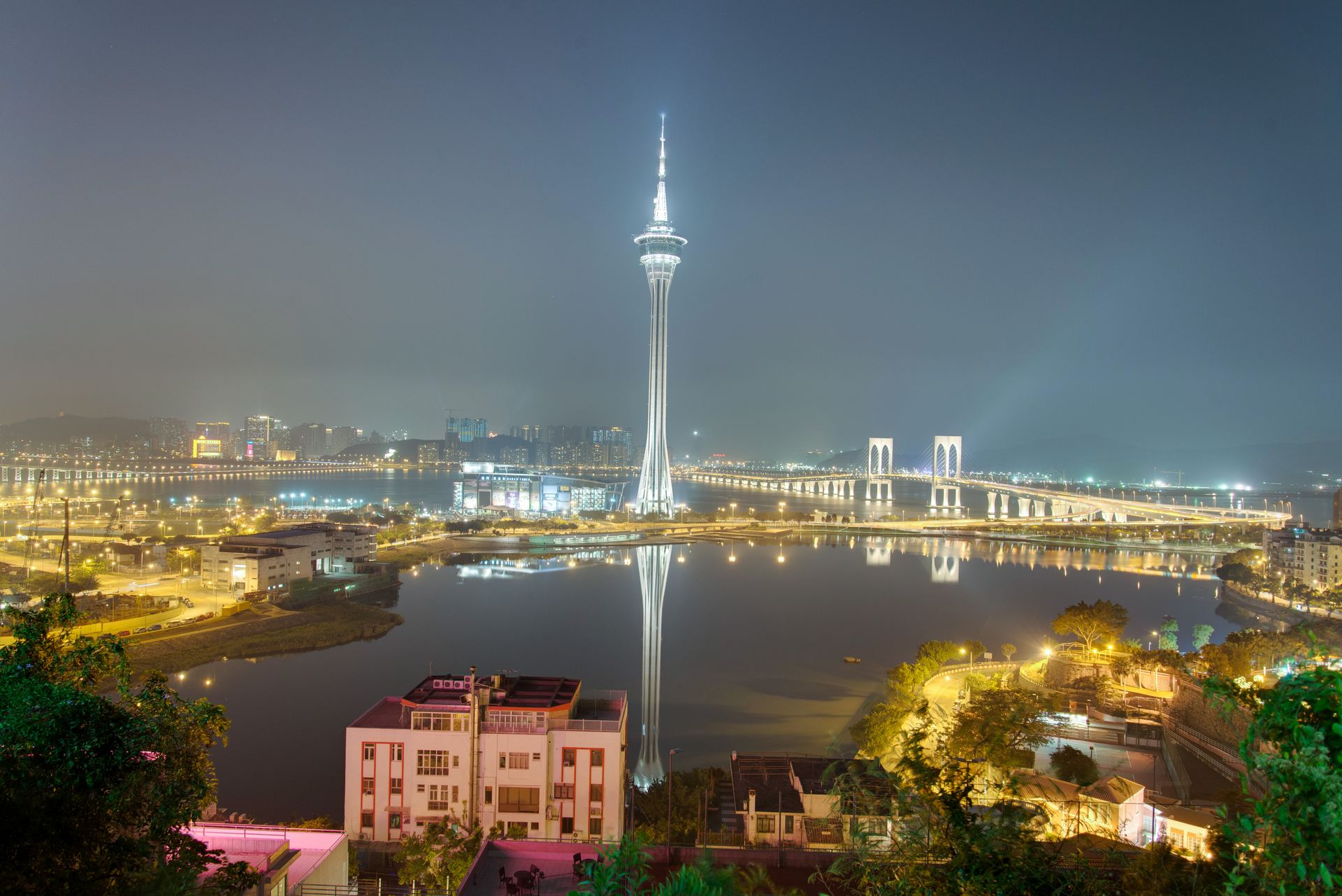 Macao Tower and the surrounding waterfront skyline.