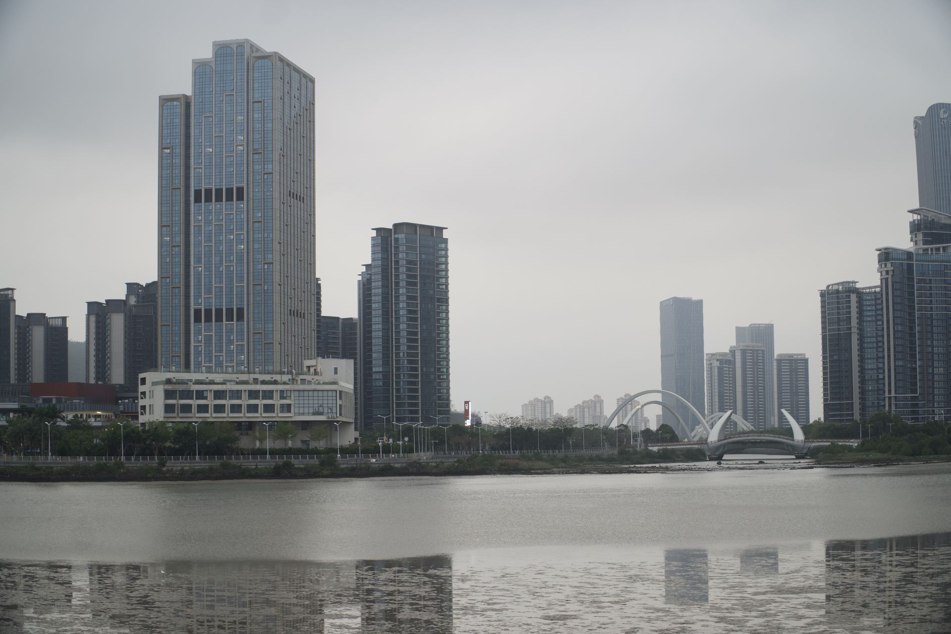 Hengqin skyline viewed across the water near Zhuhai and Macao.
